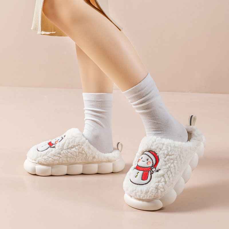Women's Snowman Slippers - Warm Plush Winter Indoor House Shoes with Anti-Slip Sole