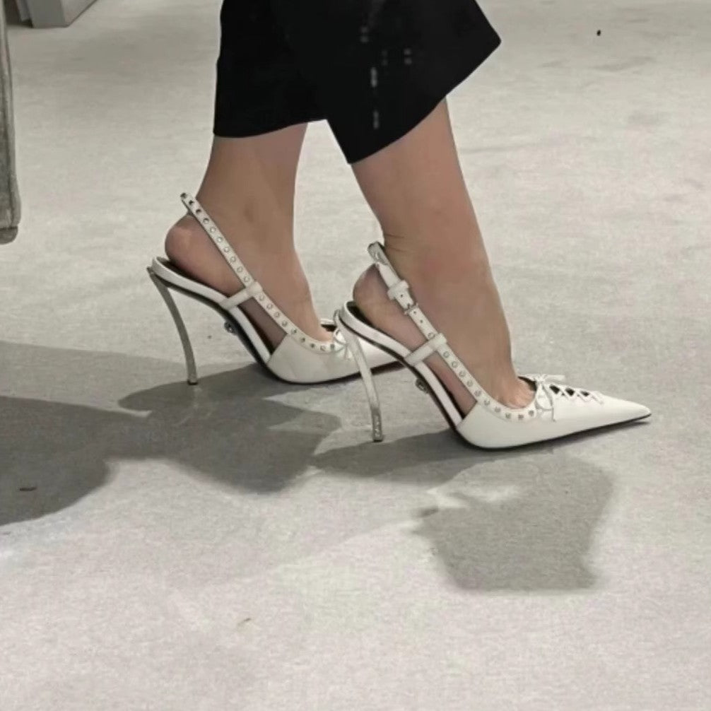 Women's Pointed-Toe Stiletto Heels | Rivet-Back Lace-Up High Heels | Black & White