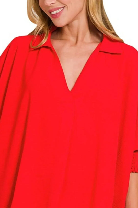Another view: Airflow Collar Tee with Smocked Sleeve Band Top — TOMATO