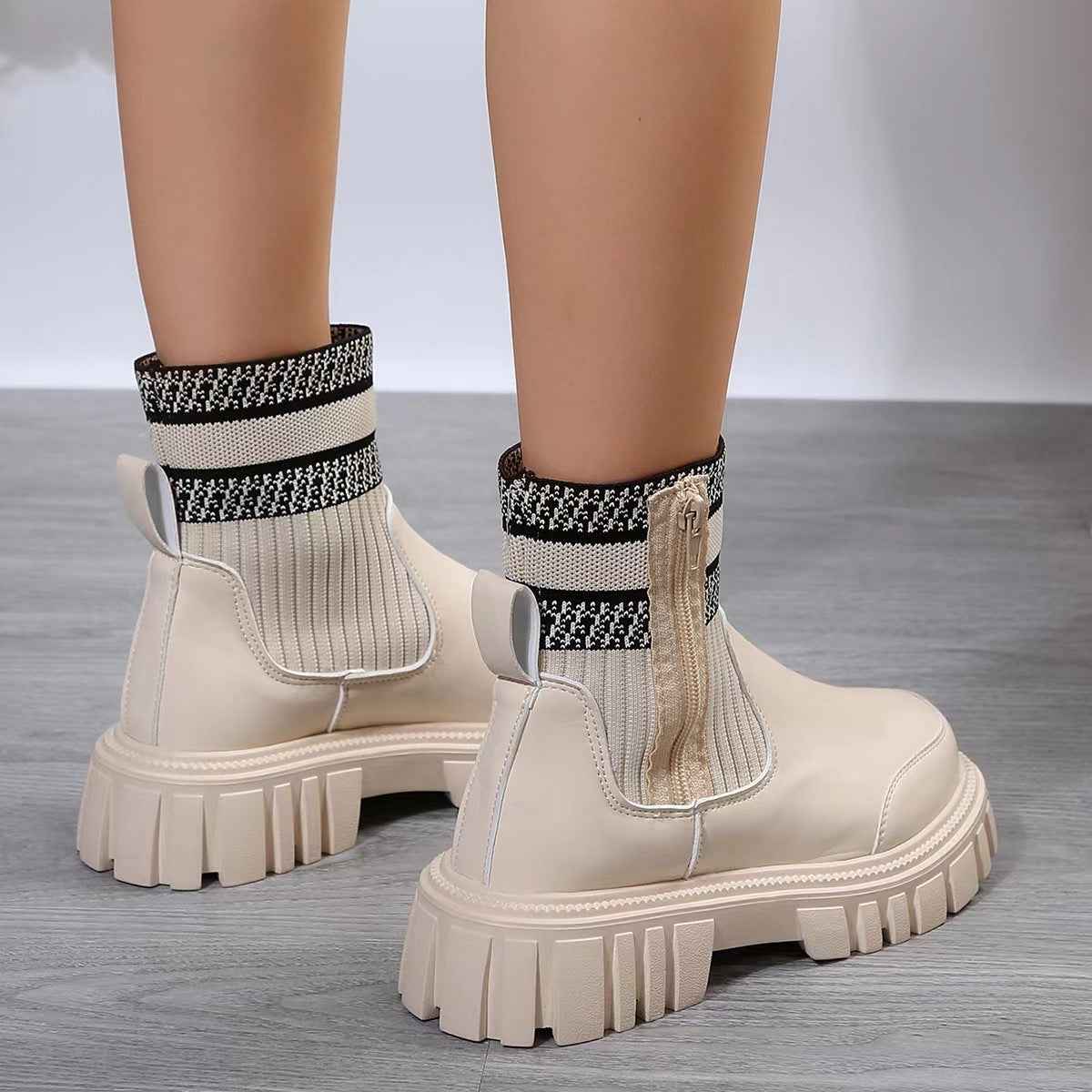 Women's Knitted Mid-Calf Boots | Side Zipper | Non-Slip Rubber Sole | Beige Black Brown