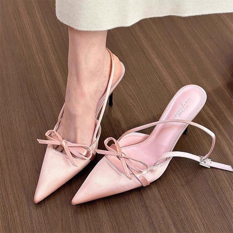 Women's Bow-Detail Pointed-Toe Mid-Heel Sandals - Elegant Casual Footwear