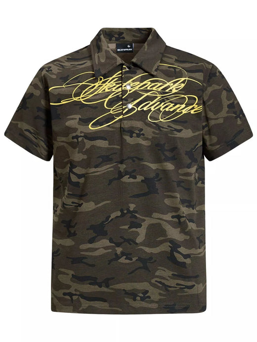 Men's script graphic polo in green camouflage