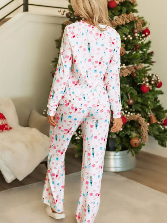 Another view: Christmas Pattern Long-Sleeve Top and Wide Leg Pants Set