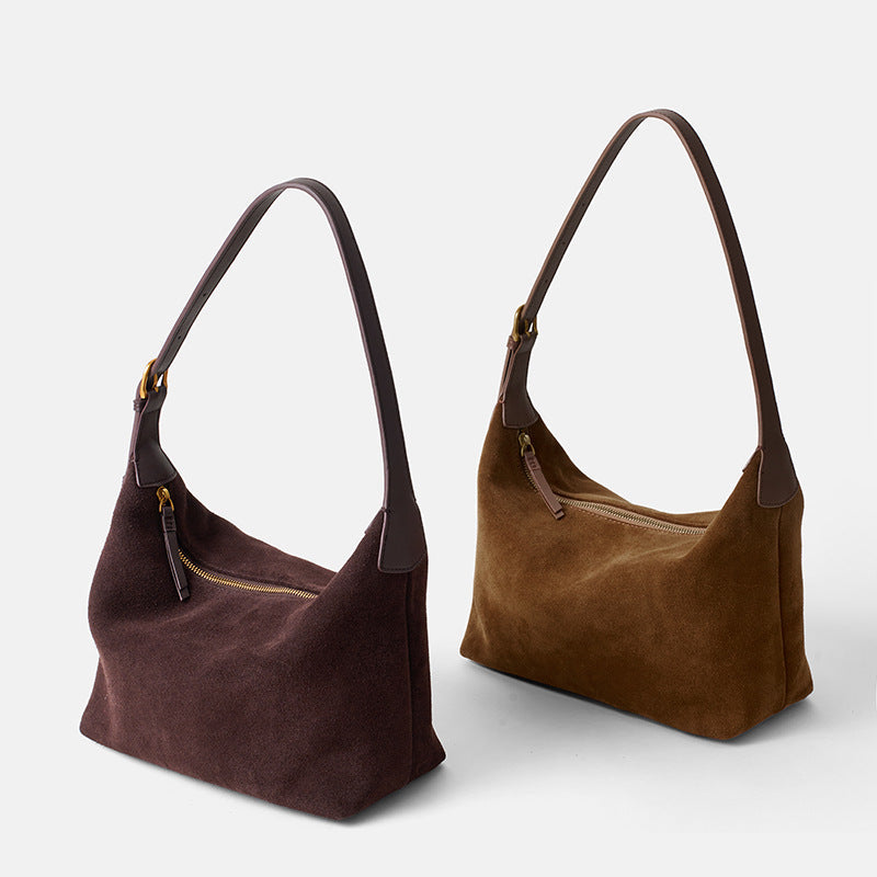 Women's Genuine Leather Tote Bag – Minimalist Matte Cowhide Shoulder Bag with Zipper Pockets