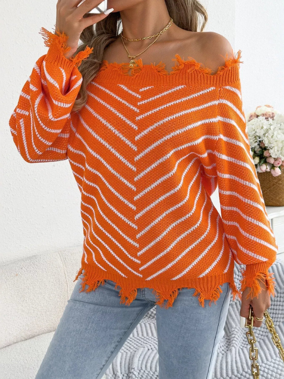 Women's Distressed Off-Shoulder Striped Sweater — photo 16