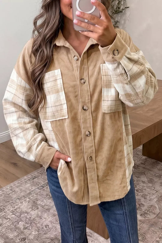 Another view: Plaid Colorblock Shirt Collar Shift Shacket