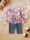 Moonbeam Floral Ruffle-Trim Top & Distressed Jeans Set — product view 2