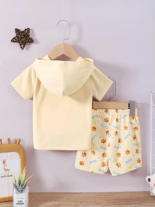 Another view: Dog Short-Sleeve Hoodie & Shorts Set — Pastel Yellow