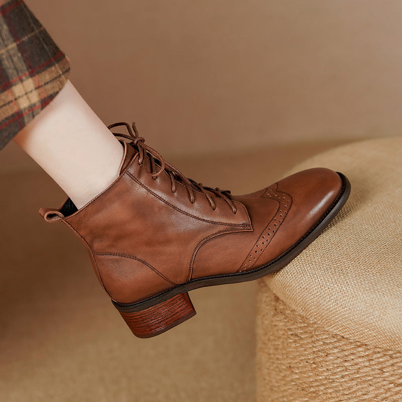 Women's Retro Leather Ankle Boots – Chunky Heel, Side Zipper & Lace-Up | Cowhide Upper