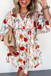 Floral ricrac-trim puff-sleeve mini dress with tie detail.