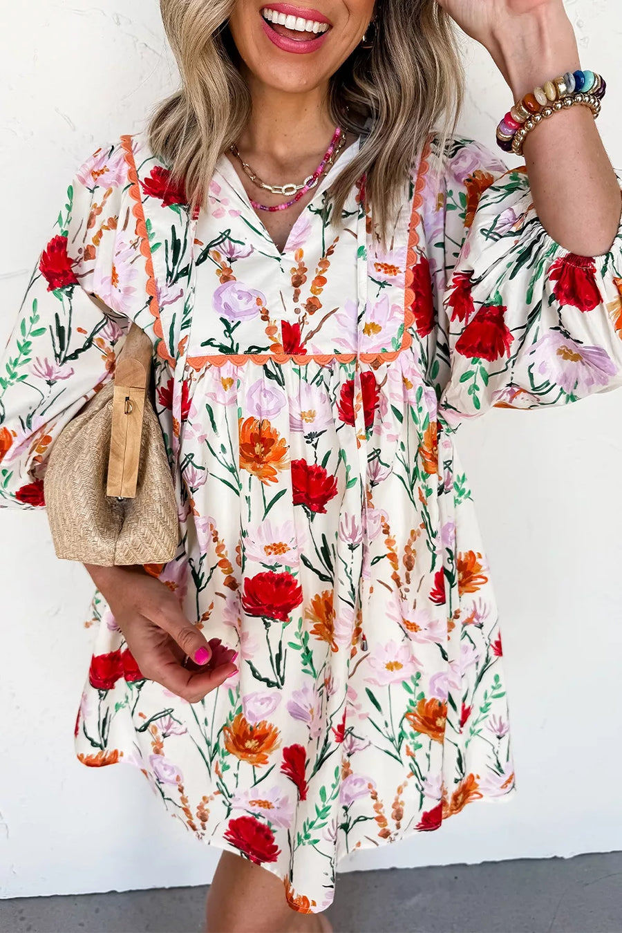 Floral Ricrac-Trim Puff-Sleeve Mini Dress