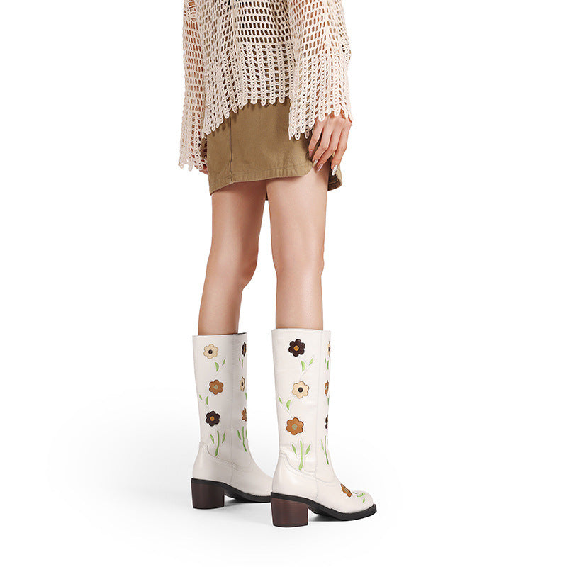 Women's Western Boots with Floral Embroidery - Mid-Calf Chunky Heel Boots
