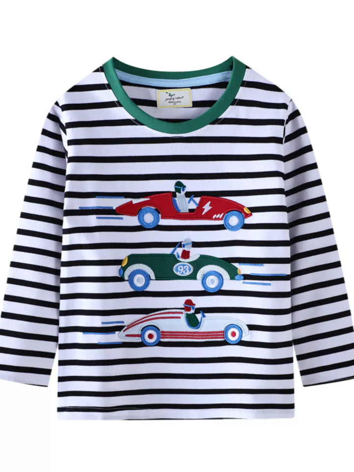Kids' Racing Car Embroidered Striped Long-Sleeve Tee – Black