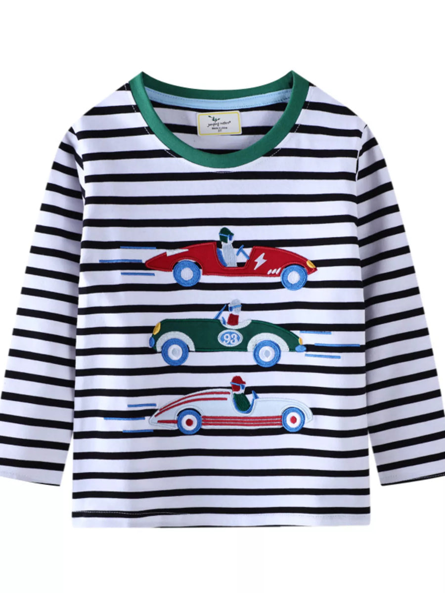 Kids' Racing Car Embroidered Striped Long-Sleeve Tee – Black