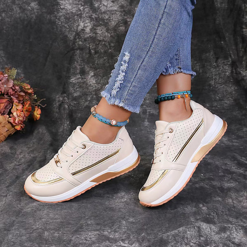 Women's Color-block Lace-up Mid-cut Shoes | Synthetic Leather Upper | Mid Heel | Casual Style
