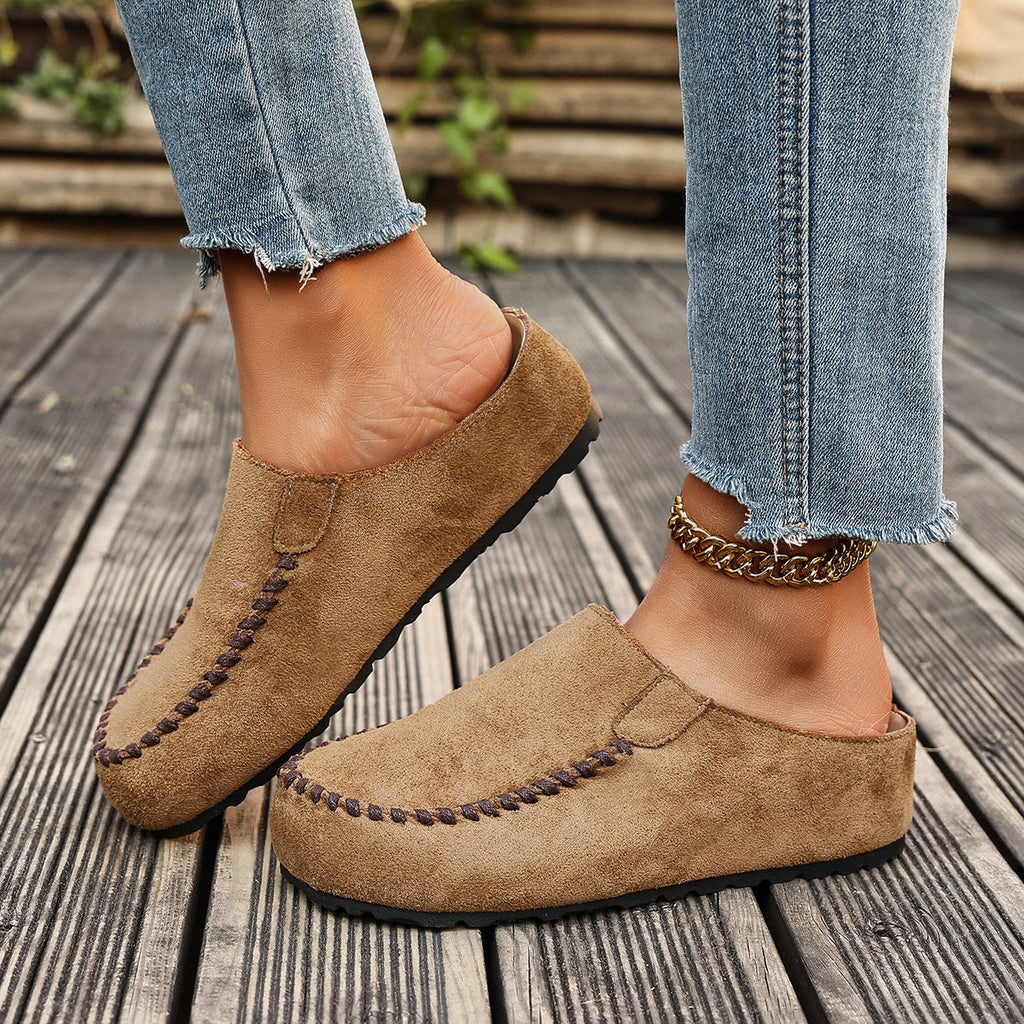 Women's Outdoor Closed-Toe Suede Half-Slipper | Thick PU Sole | Slip-On Vintage Style
