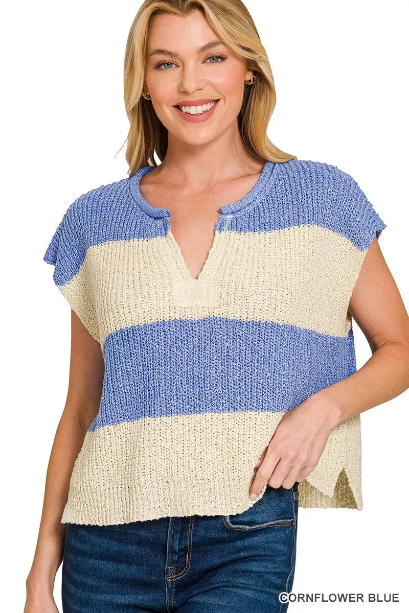 Split Neck Sleeveless Stripe Sweater — CORNFLOWER BLUE
