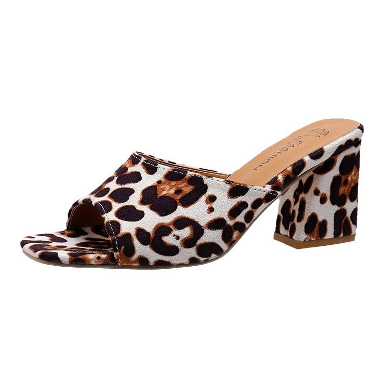 Women's Leopard Print Square Toe Chunky Heel Sandals - Slip-On Block Heel Summer Sandals