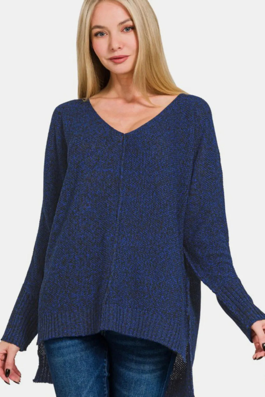 High-Low Center Seam V-Neck Sweater — Dark Navy
