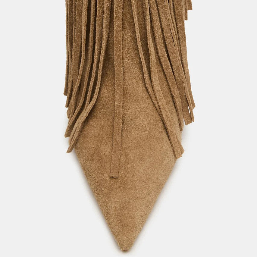 Fringed Studded High-Heel Pointed-Toe Ankle Boots – Side Zipper, Suede, Stiletto Heel | Sarah Express