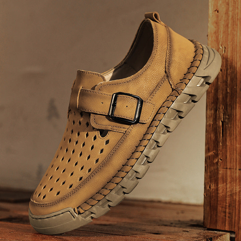 Men's Breathable Casual Leather Shoes | Stitched Buckle Low-Top Sneakers
