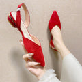 Women's Pointed-Toe Low-Heel Suede Sandals | Open-Back Slip-On | Black Red Beige