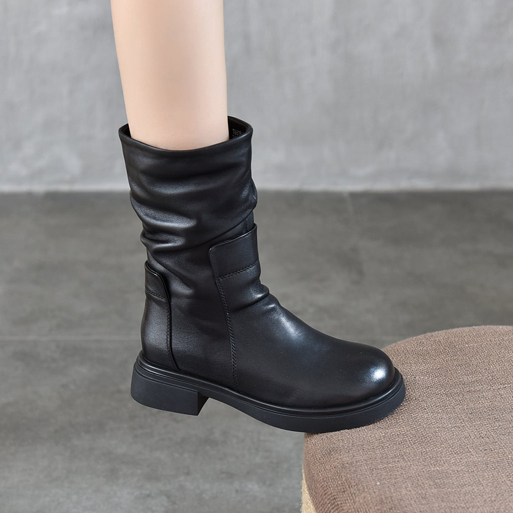 Women's Round Toe Genuine Leather Mid-Calf Boots | Chunky Heel Side Zipper