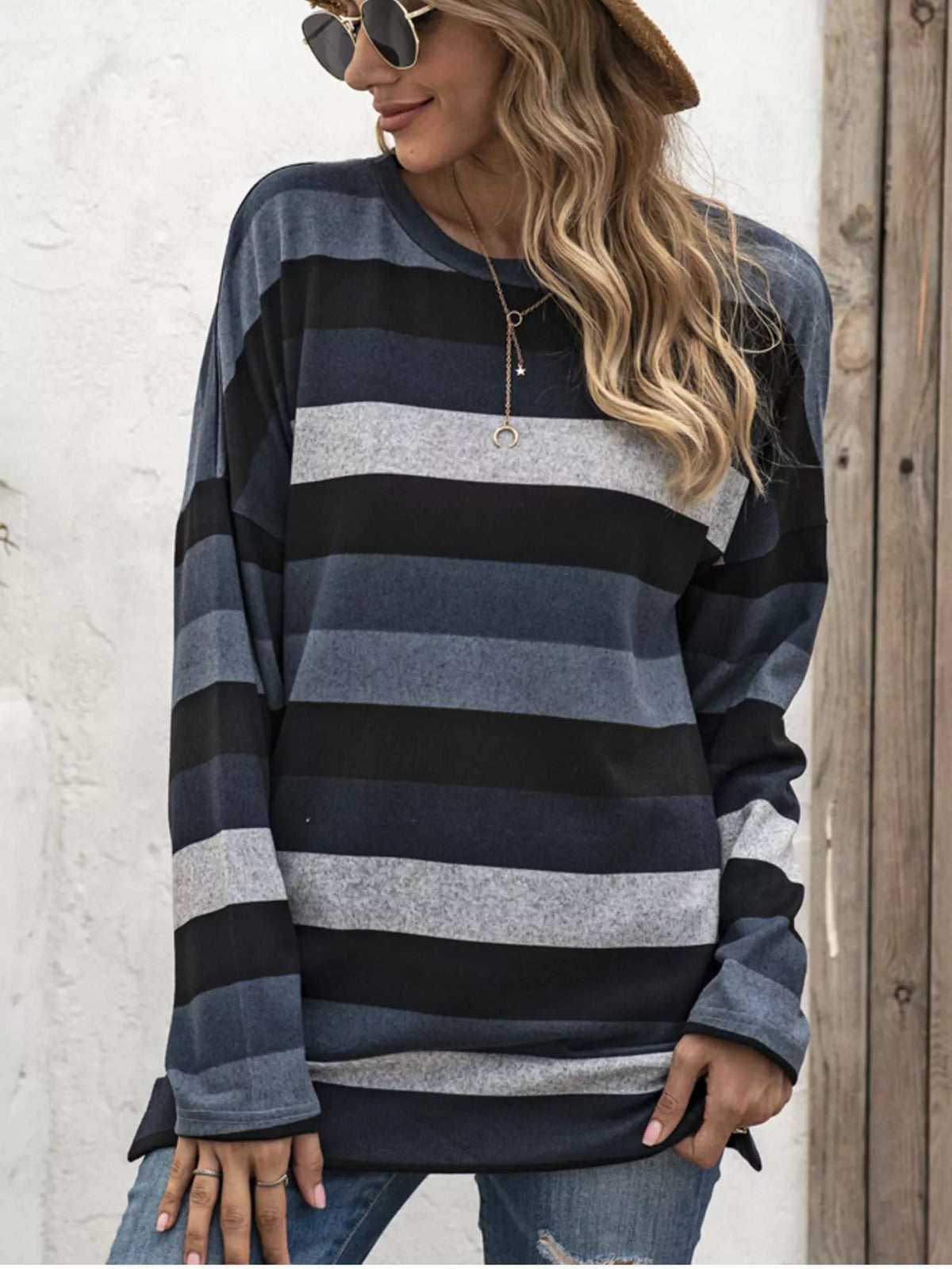 Casual Striped Long-Sleeve Crew Neck Top Plus