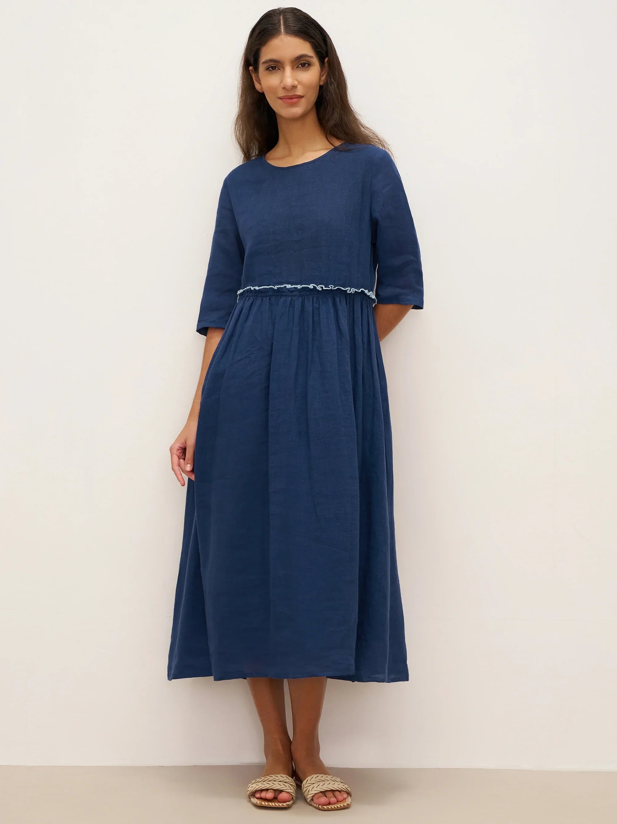 100% Linen Petal-Waist Drawstring Maxi Dress JASMINE