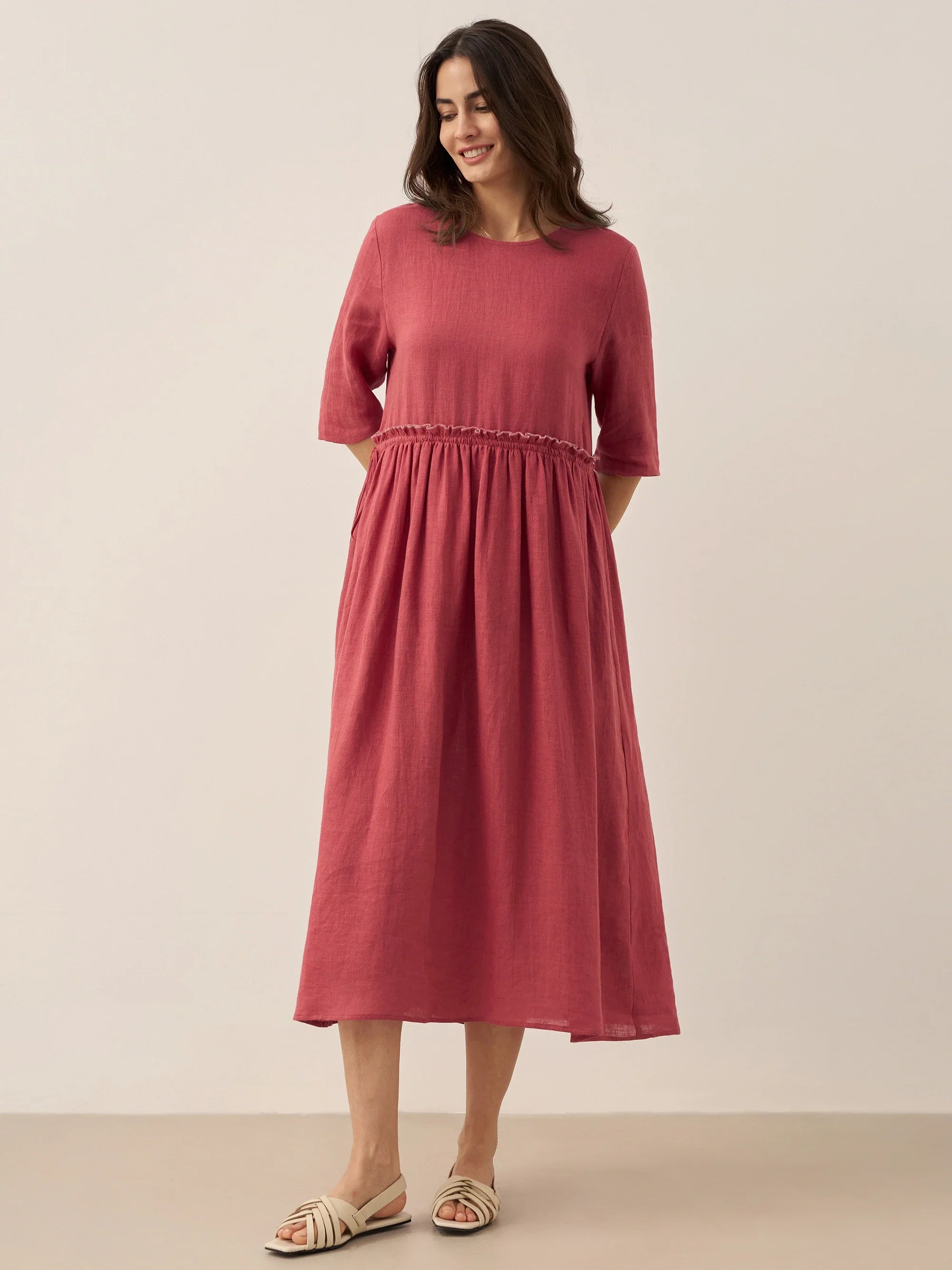100% Linen Petal-Waist Drawstring Maxi Dress JASMINE