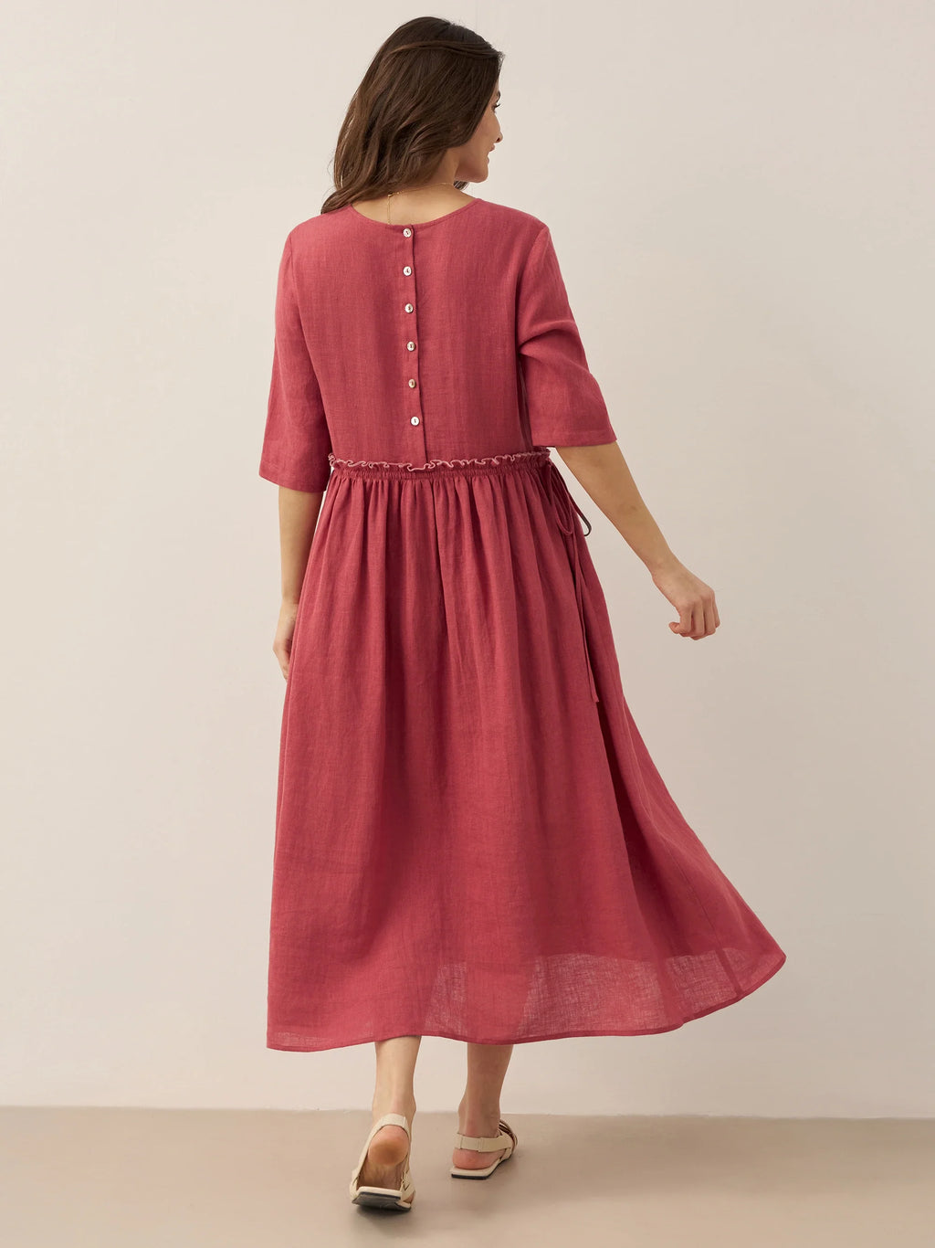 100% Linen Petal-Waist Drawstring Maxi Dress JASMINE