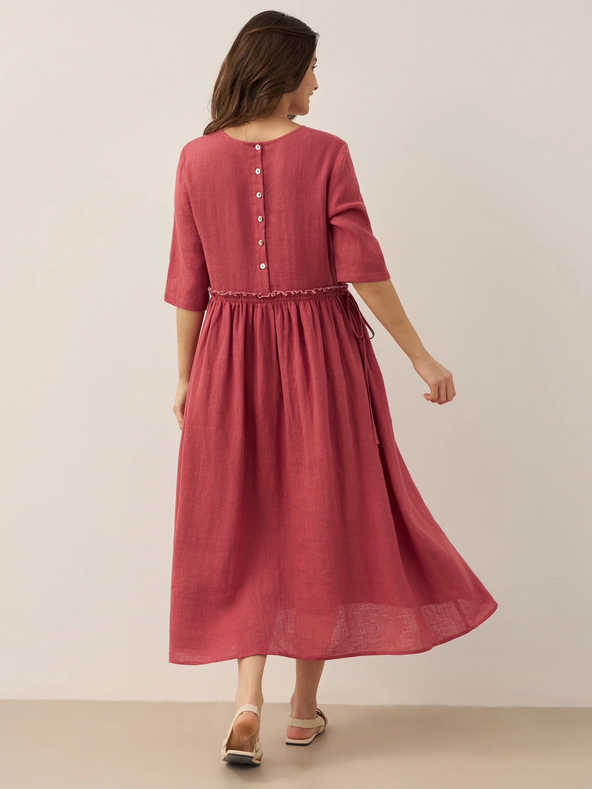 100% Linen Petal-Waist Drawstring Maxi Dress JASMINE