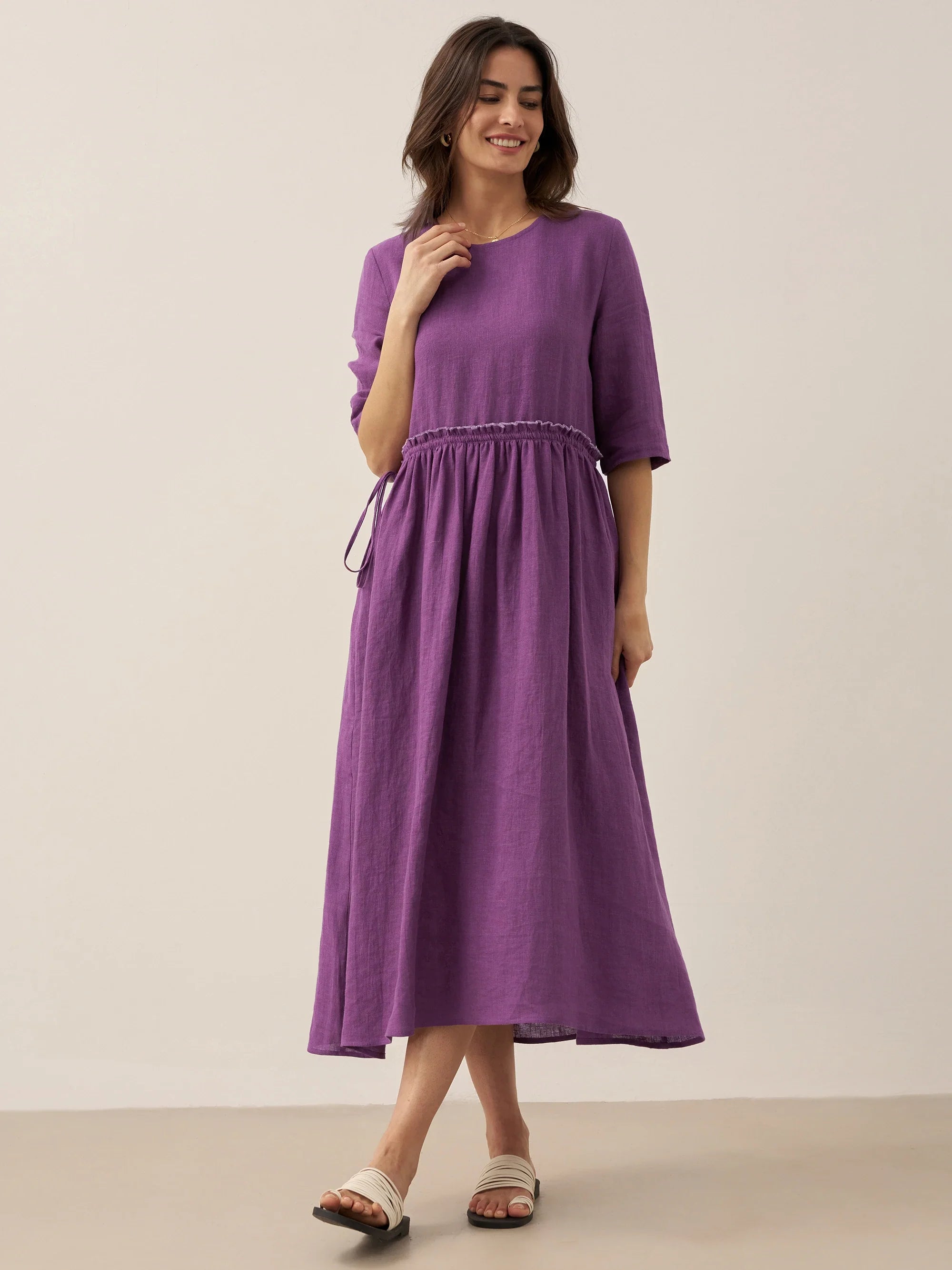 100% Linen Petal-Waist Drawstring Maxi Dress JASMINE