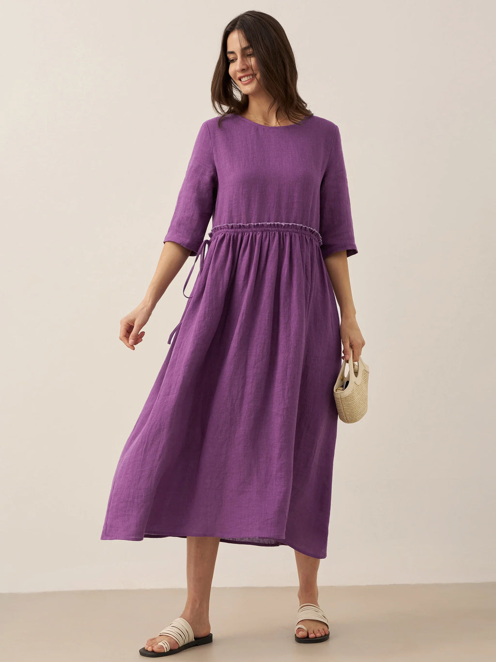 100% Linen Petal-Waist Drawstring Maxi Dress JASMINE