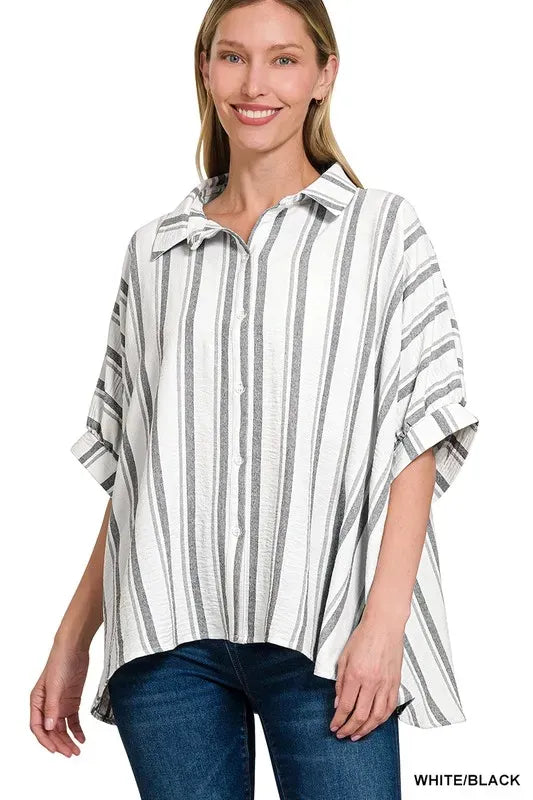 Another view: Woven Yarn-Dye Stripe Oversized Button Down Shirt — WHITE/BLACK