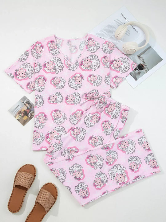 Another view: Santa Claus Print V-Neck Tee Drawstring Pants 2pcs Lounge Set