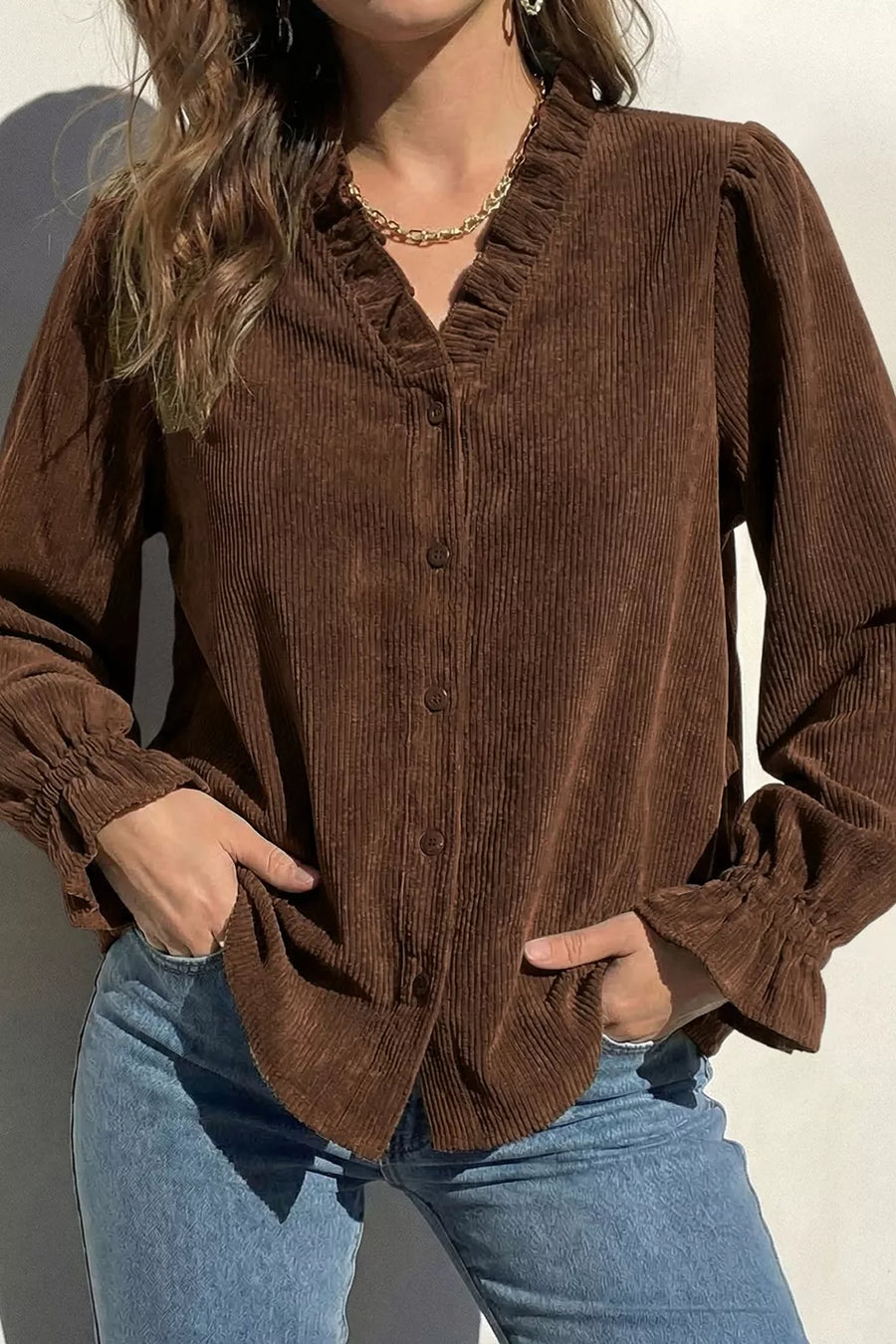 Solid Color Ruffle Trim V-Neck Long-Sleeve Button Corduroy Shakcet