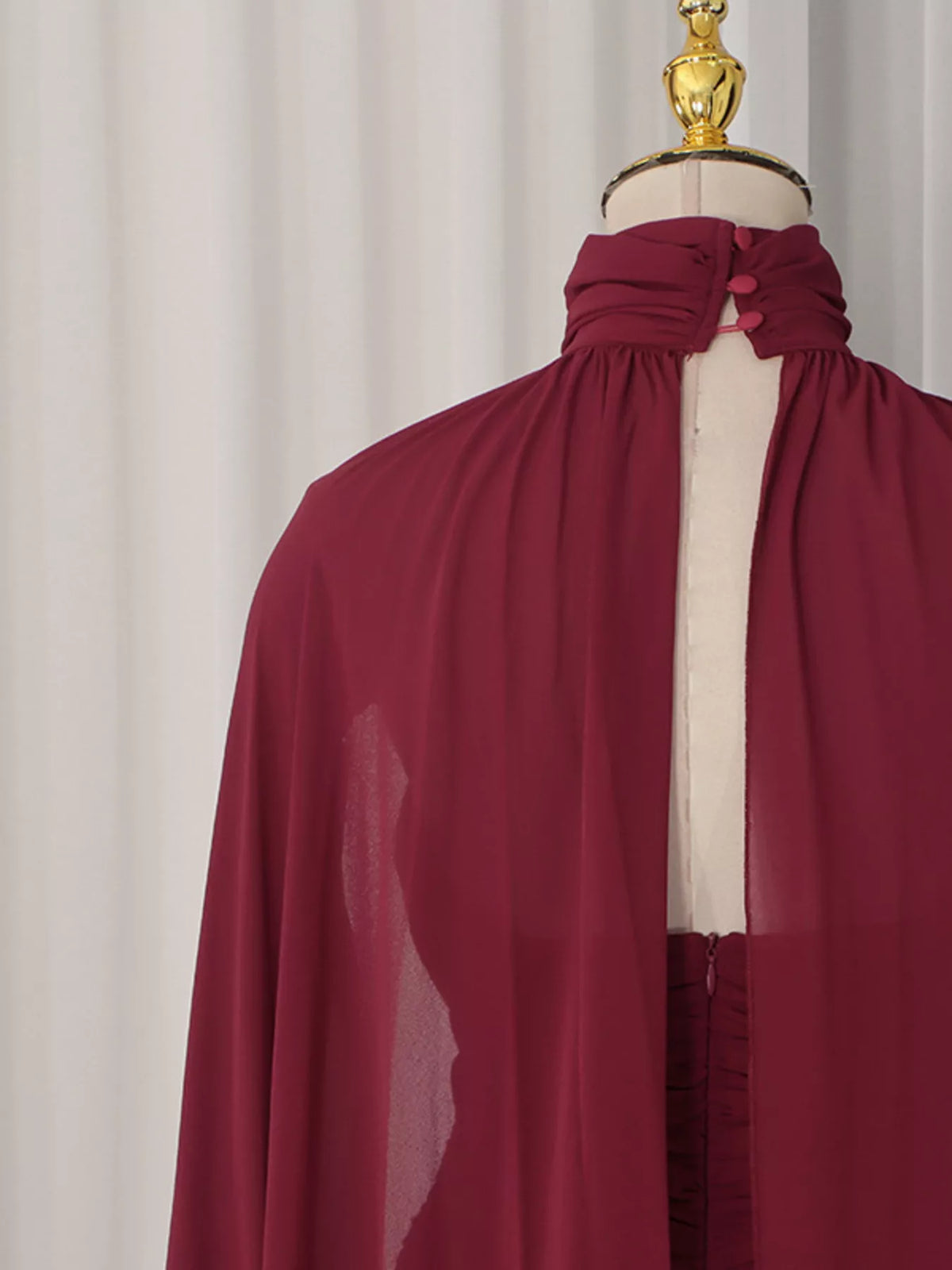 Red Ruched Halter-Neck Cape Maxi Dress