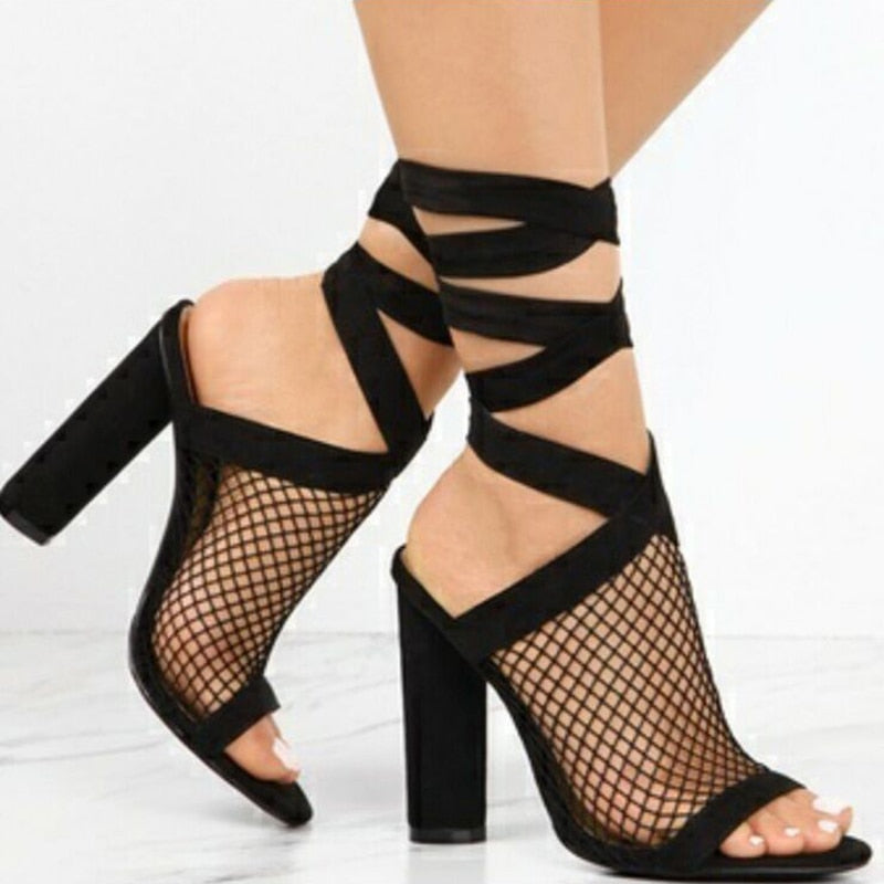 Women's Lace-Up Bandage Sandals | Open-Toe Flock High Heel Sandals