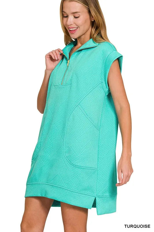 Textured Knit Jacquard Quarter Zipper Mini Dress