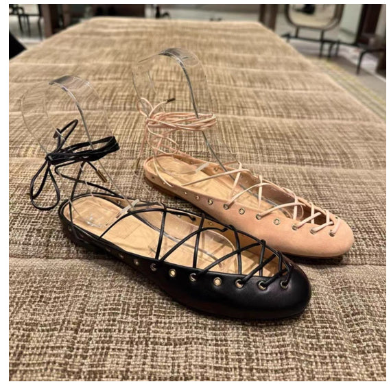 Women's Cross-Strap Leather Ballet Flats - Casual Roman Sandals