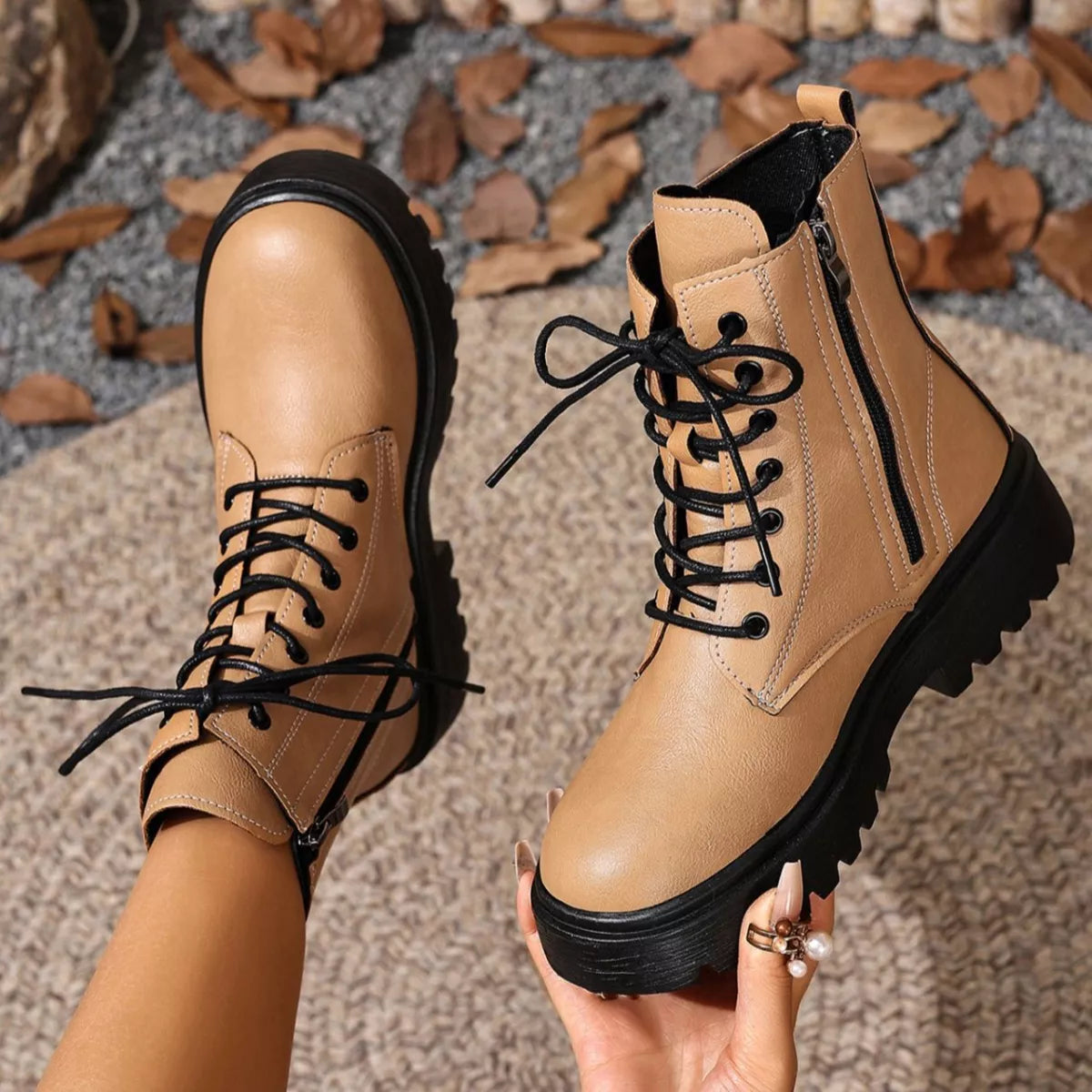 Women's Lace-Up Ankle Combat Boots | Low Heel PU Leather | Khaki Pink Brown
