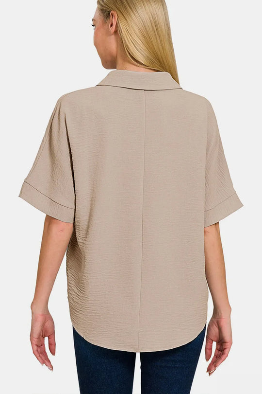 Another view: Texture Collared Neck Short Sleeve Top — Ash Mocha