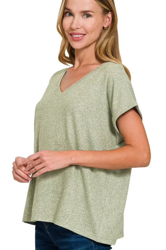 Another view: Soft Melange Hacci V-Neck Tee — LT OLIVE