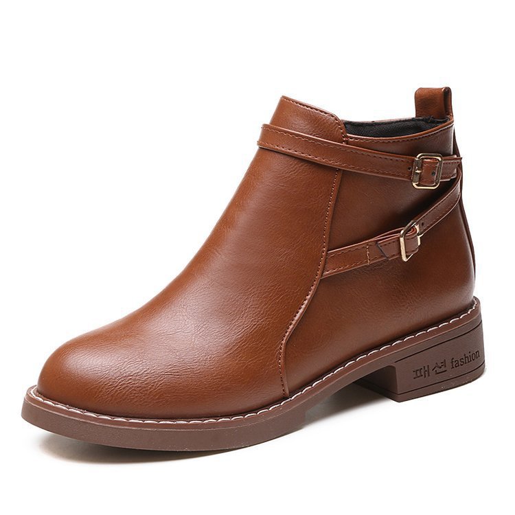 Women's Low Heel Buckle Ankle Boots – PU Leather Side Zipper Round Toe Winter Boots