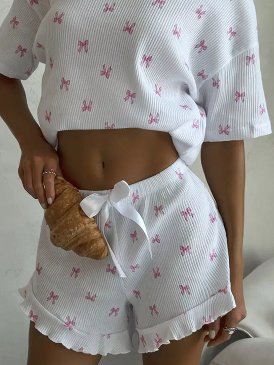 Another view: Ribbed Knit Bow Print Top and Shorts Lounge Set