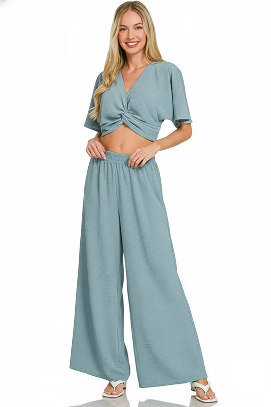 Another view: Zenana Woven Airflow Twisted Top & Wide Leg Pants Set