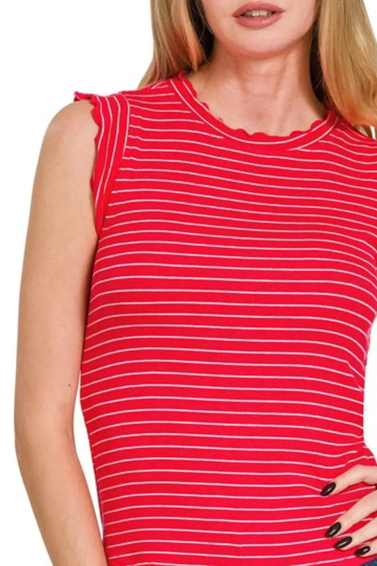 Another view: Ribbed Ruffle Trim Sleeveless Stripe Top — RUBY/WHITE