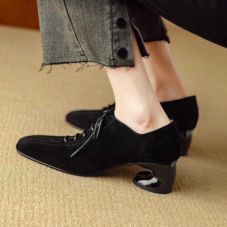 Women's Retro Sheepskin Chunky Heel Square Toe Pumps | Lace-Up Mid Heel Shoes