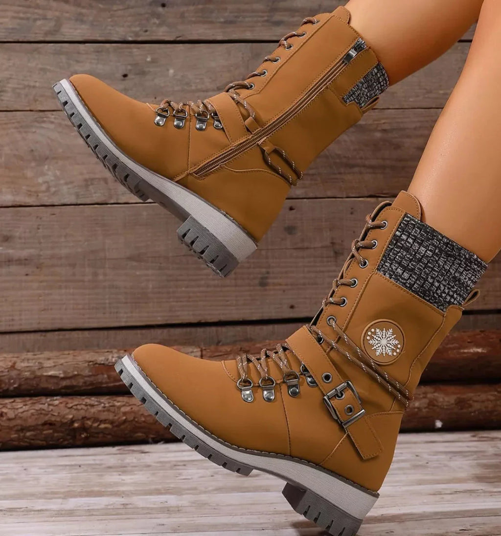 Women's Lace-Up Ankle Combat Boots – PU Leather Low Heel Military Style